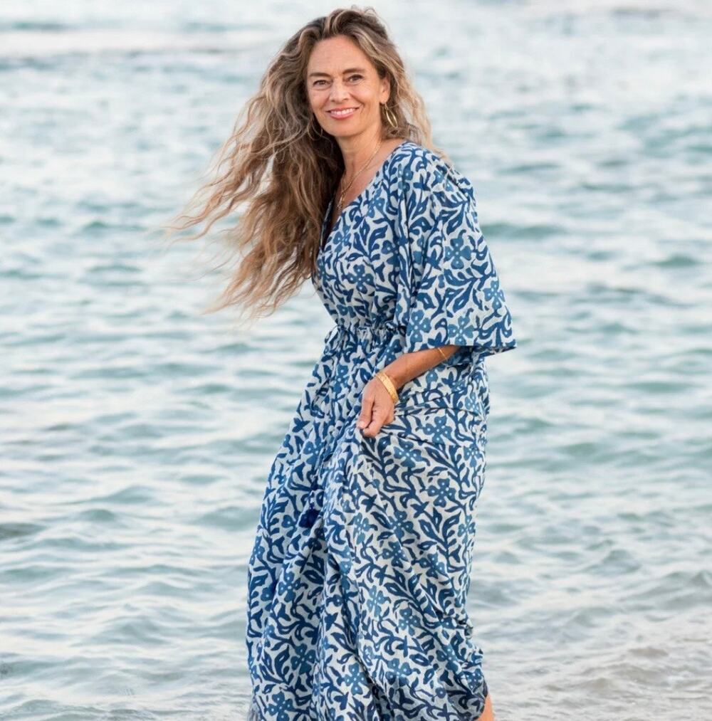 $285 Pax Philomena Indigo Floral Block Printed 100% Cotton Kaftan Boho- One Size